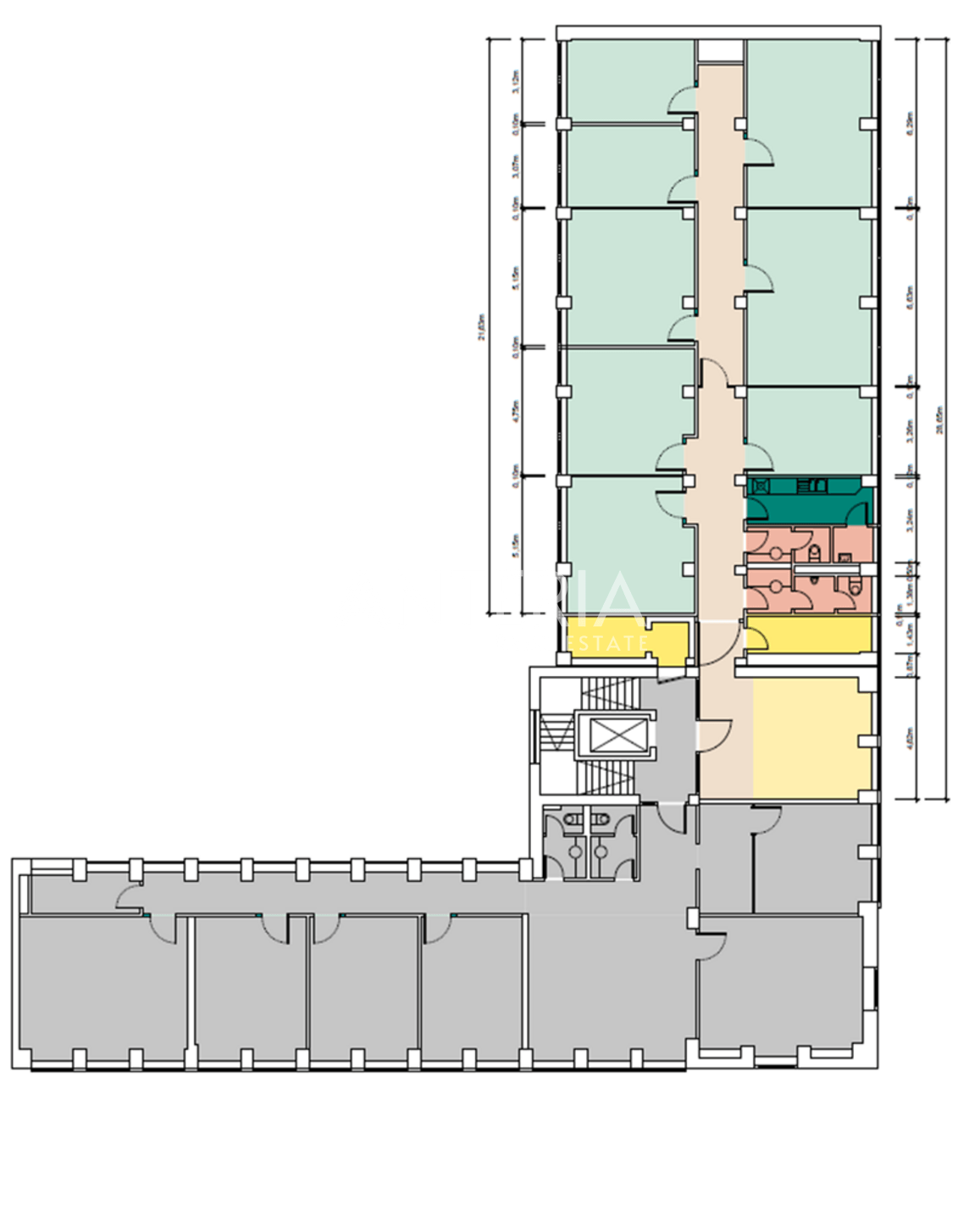 Grundriss 2.OG verfügbare Einheit links ca. 295 m2 (farbig), rechts ca. 261,98 m2 (grau)