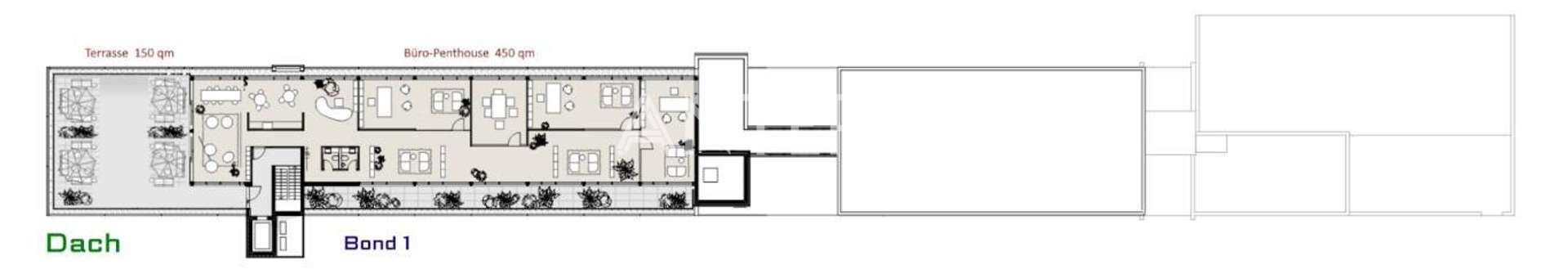 Grundriss Dachterrasse mit geplantem Penthouse-Büro